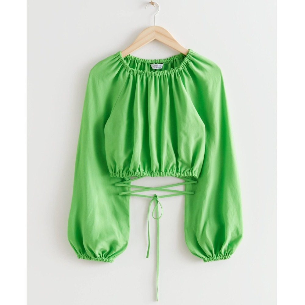 & Other Stories Voluminous Crop Top Lime Green Size‎ Small Balloon Sleeve Blouse